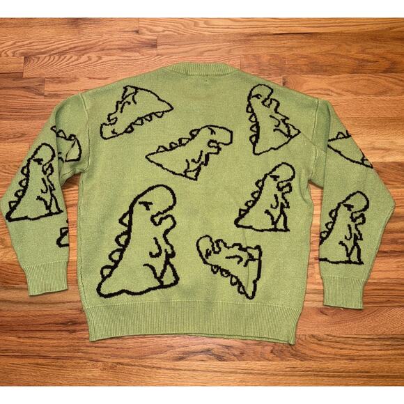 VAMTAC Dinosaur Knit Crew Sweater Unisex Size XL Green Cartoon Pattern - Picture 2 of 6